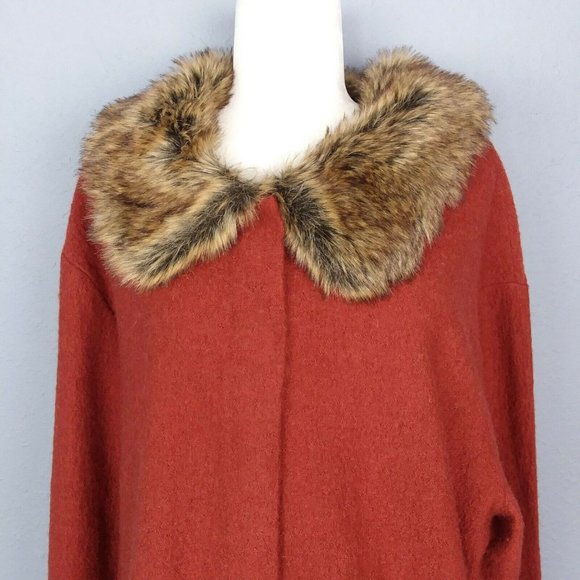 Evan-Picone Women's 100% Wool Faux Fur Collar sweater, Pumpkin/Rust, buttons. - Picture 2 of 11